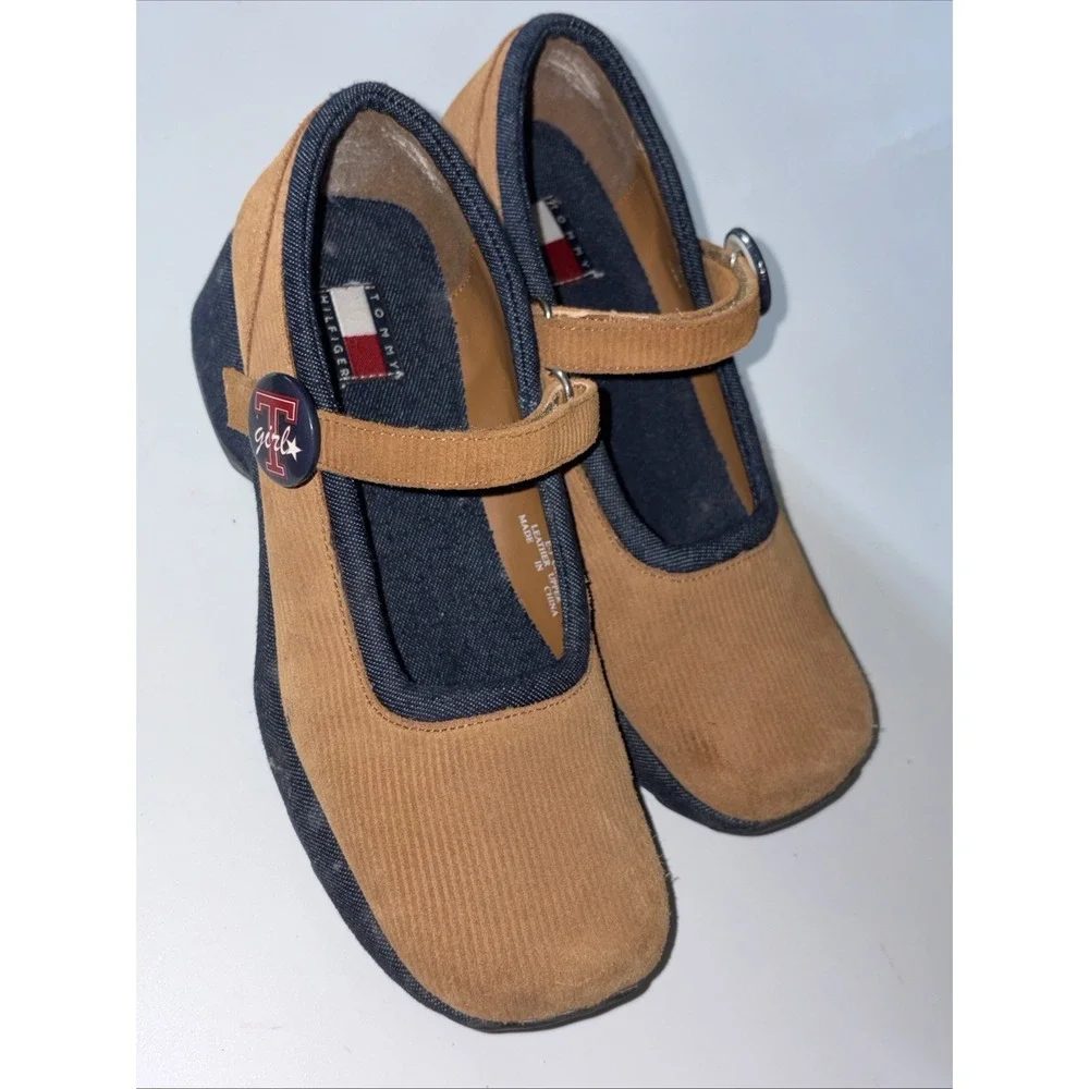 Tommy Hilfiger Girls Mary Jane's shoes Size 2 M Y2K Vtg Brown Corduroy Wedge